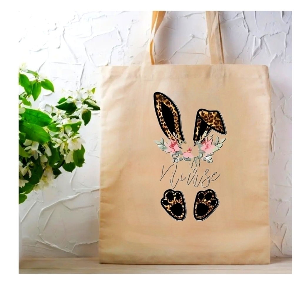 NEW!!!  Multi color, animal print Nurse Bunny Easter CANVAS Tote